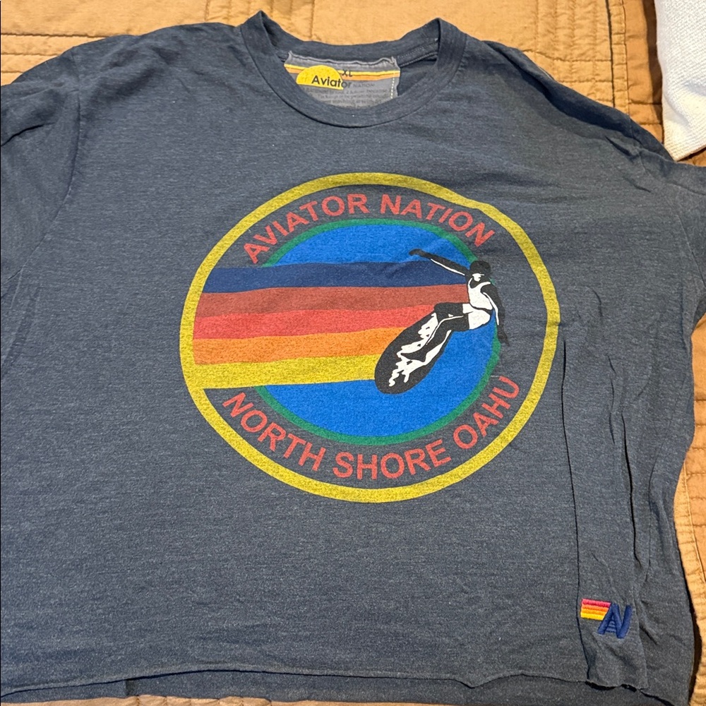 Aviator Nation Charcoal Grey Tee with Rainbow Graphic
